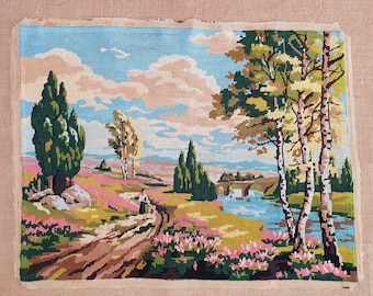Finished colorful flower needlepoint vintage Provence landscape completed tapestry 25.2" x 19.2"