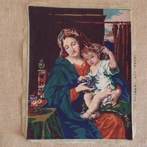 Madonna and child completed needlepoint French vintage finished tapestry wallhanging after Mignard 14.4" x 18.0"