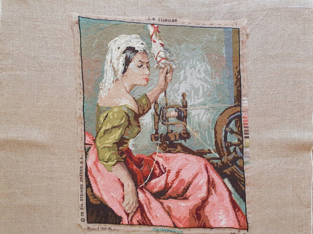 Vintage French Needlepoint Tapestry Canvas Completed Embroidery the Wool Spinner the Weaver 23.8