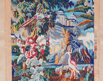 Completed needlepoint Chateau de Bonneval French vintage finished tapestry wall hanging with birds and flowers 31.8" x 25.6"