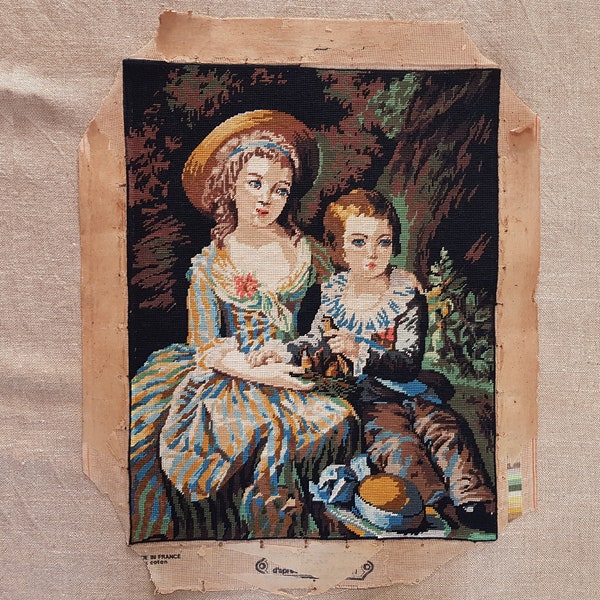 Tapisserie vintage romantique à l’aiguille terminée Les enfants aînés de Marie-Antoinette après Vigée-Lebrun 20.2 » x 20.6 »