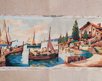 Fishing ships vintage needlepoint French completed tapestry 44.4" x 19.6"