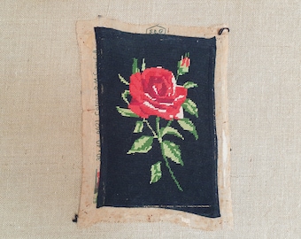 Completed rose needlepoint floral finished French tapestry black background 7.6" x 12.4"