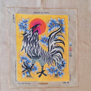 Modern vintage French needlepoint rooster tapestry wonderful finished wall hanging unframed Lurcat Picard le Doux style 19.0&quot; x 24.4&quot;