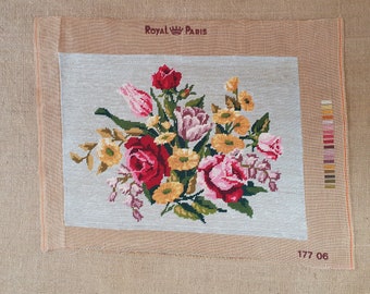 Vintage flowers hand made finished needlepoint Bunch of flowers with blue background completed tapestry 19.6" x 14.4"