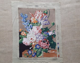 Bunch of flowers needlepoint completed vintage tapestry French embroidery wall hanging 23.2" x 17.4"