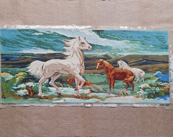 Large vintage horse needlepoint horses in water completed tapestry unframed wall hanging 42.0" x 20.0"