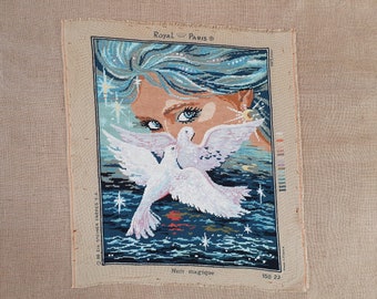 Romantic completed vintage needlepoint tapestry wall hanging woman and doves hand made 18.4" x 23.6"