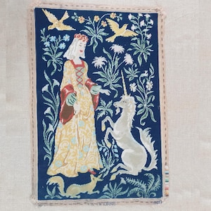 Lady and Unicorn completed needlepoint tapestry wall hanging Medieval scene Renaissance 36.6&quot; x 24.4&quot;