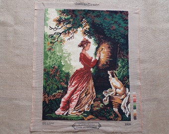 Vintage French needlepoint tapestry completed embroidery The Love Number after Fragonard 26.4" x 20.0"