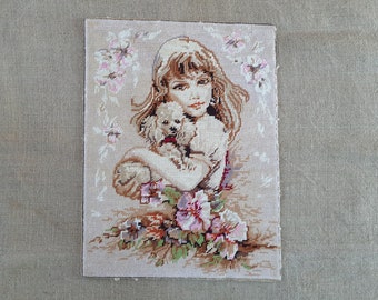 Girl with poodle dog finished needlepoint vintage French completed tapestry wall hanging 14.4" x 18.8"