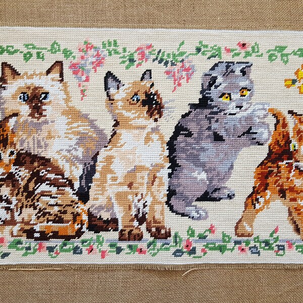 Vintage Katze Nadelspitze Wandteppich fertig Nadelspitze 5 spielen Kätzchen 12,8 x 28,8 in. genähten Bereich