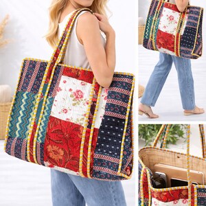Handgemaakte gewatteerde draagtas met patchwork, katoenen schoudertas met bloemen, omkeerbare Market-shopper