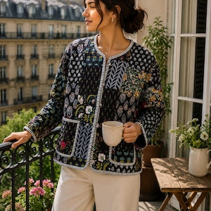 May include: A black quilted jacket with a patchwork design featuring floral and geometric patterns. The jacket has a white and black striped trim and is worn with cream-colored pants. A person is holding a beige mug on a balcony with a view of a city.