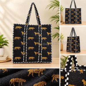May include: A black quilted tote bag featuring a repeating yellow and black leopard print pattern. The bag has two sturdy handles and edges accented with a black and white checkered trim. The fabric has a textured, stitched appearance.