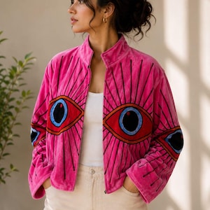 Sujani Embroidered Eye Pattern Quilted Jacket | Boho Pink Velvet Coat