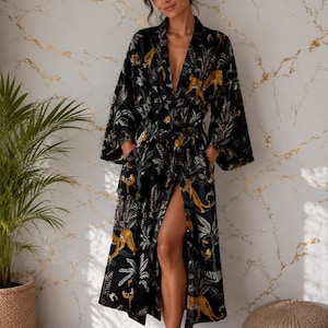 Morgonrock med djurtryck i bomull, kimono för kvinnor, lätt spa-morgonrock, semesterloungekläder