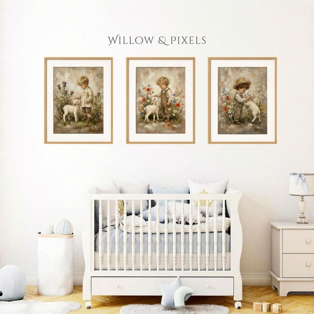 Vintage Lamb Nursery Wall Art Set of 3, Baby Boy Shower Gift, Neutral ...