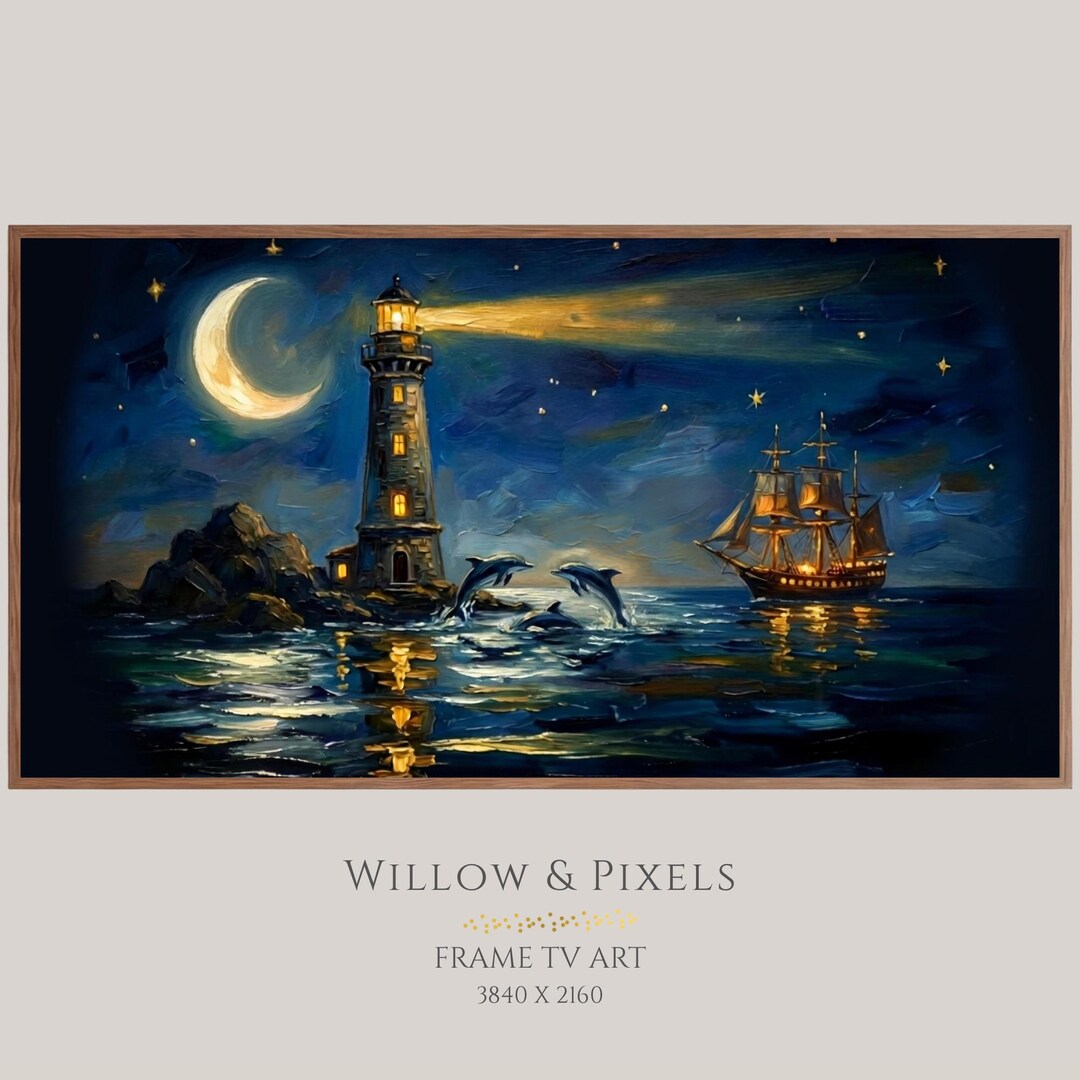 Samsung Frame TV Art, 4k Nautical Lighthouse Oil Painting, Moonlit ...