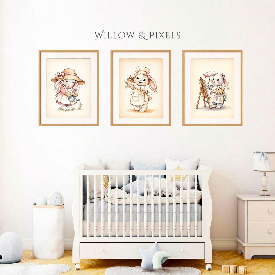 Bunny Nursery Wall Art Set of 3, Baby Animal Print, Vintage Rabbit ...