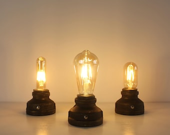 Cordless Industrial Pipe Lamp, Rechargeable Cast Iron Desk Light, Touch Dimmable Bronze Table Lamp, Edison Bulb Lamp, Unique Gift for Him