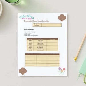 Peut inclure: Une feuille de papier blanche avec le texte "This troop runs on snacks" et "Brownie Girl Scout Snack Schedule". Le planning comprend les dates des réunions, les thèmes des collations et les notes familiales. Un crayon, un bloc-notes et des raisins sont également visibles.