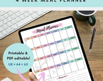 May include: A digital meal planner displayed on a tablet, featuring a 4-week layout with colorful sections for each day. The text "Meal Planner" is at the top. Includes the text "Printable & PDF editable!" and US, A4, A5 sizes.