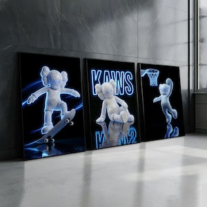 Blue KAWS Inspired Poster Set of 3 | Printable KAWS Wall Art | Hypebeast Graffiti Decor | Modern Minimalist Wall Prints | Digital Download image 1