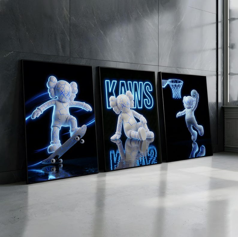 Blue KAWS Inspired Poster Set of 3 | Printable KAWS Wall Art | Hypebeast Graffiti Decor | Modern Minimalist Wall Prints | Digital Download image 1