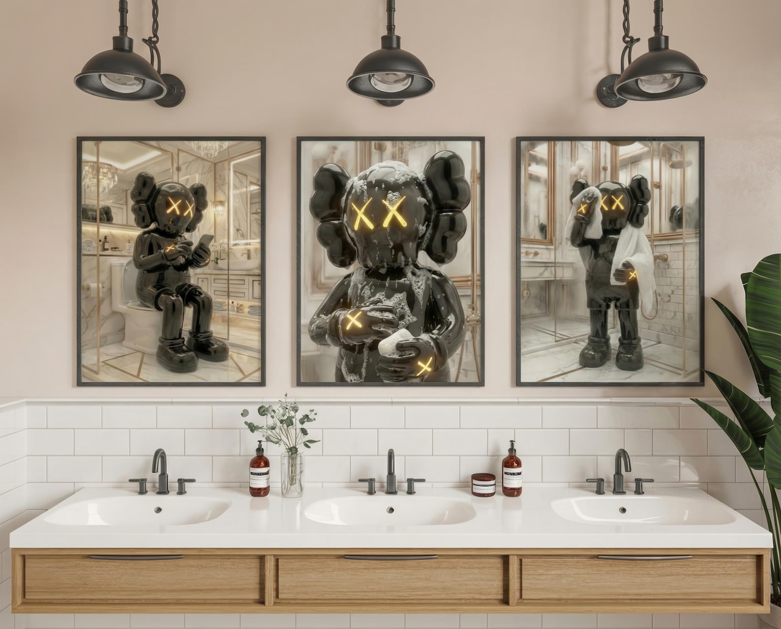 KAWS Bathroom Wall Art Set of 3 | Black Hypebeast Shower Prints ...