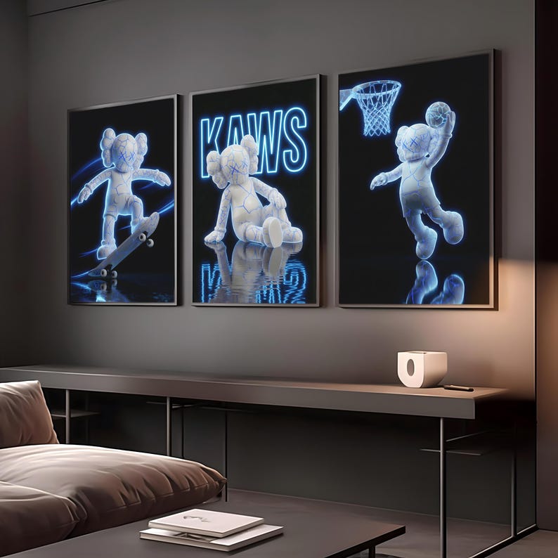 Blue KAWS Inspired Poster Set of 3 | Printable KAWS Wall Art | Hypebeast Graffiti Decor | Modern Minimalist Wall Prints | Digital Download image 2