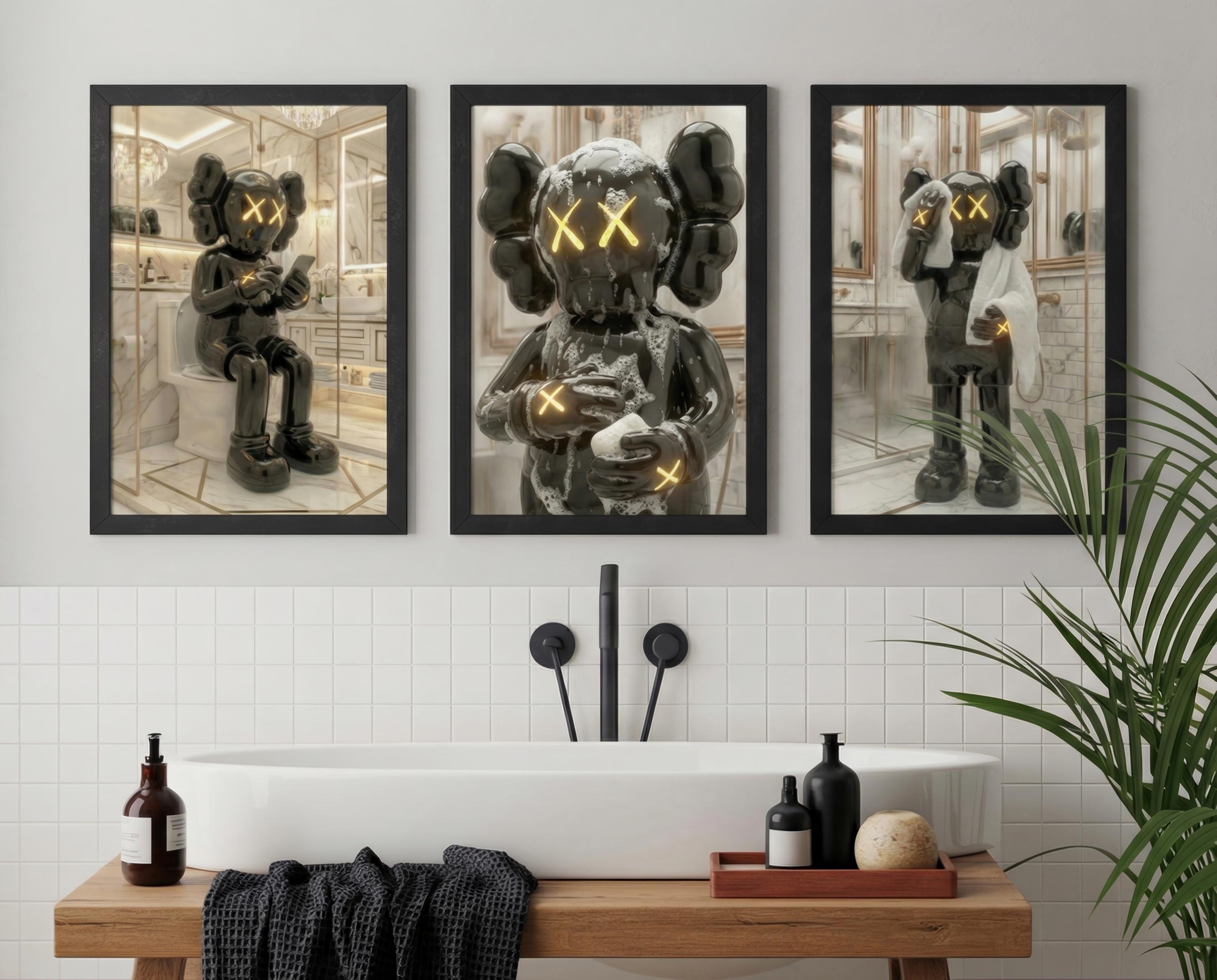 KAWS Bathroom Wall Art Set of 3 | Black Hypebeast Shower Prints ...