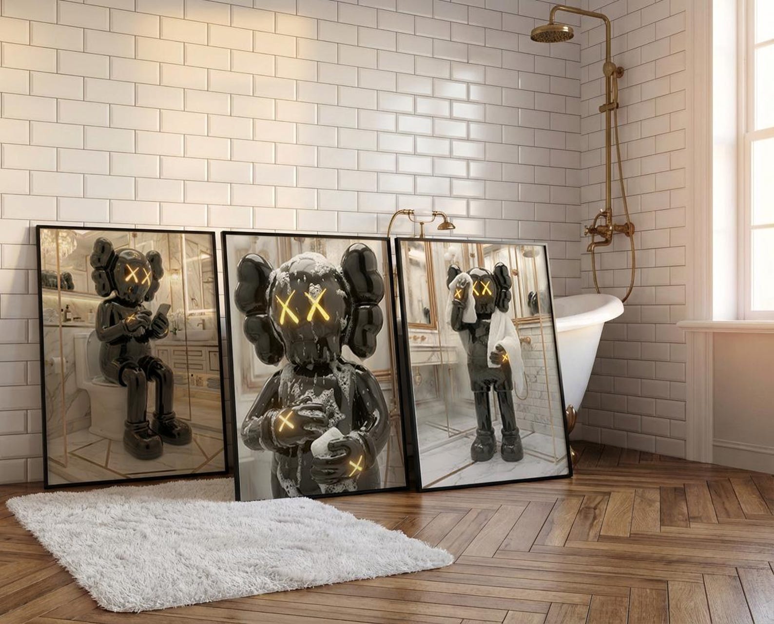 KAWS Bathroom Wall Art Set of 3 | Black Hypebeast Shower Prints ...