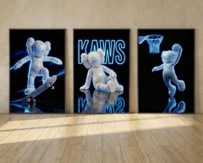 May include: Set of three framed art prints featuring a white cartoon figure with blue neon outlines. One print shows the figure skateboarding, another shows it sitting, and the third shows it playing basketball. The background is black.