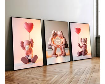 KAWS, lot de 3 oeuvres d'art murales imprimables | Affiches romantiques Hypebeast de la Saint-Valentin | Art urbain moderne | Téléchargement numérique