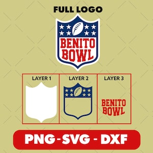 Op de afbeelding: Grafisch ontwerp met een voetbalthema-logo en de tekst "BENITO BOWL" in rood en wit. Het ontwerp bevat een schildvorm met sterren en een voetbal, en de bestandstypen PNG, SVG en DXF.