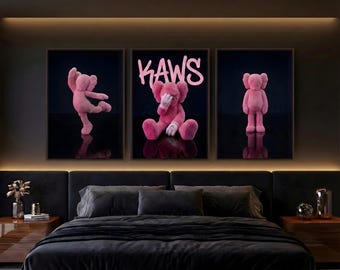 Pink KAWS Wall Art Set of 3, Graffiti Hypebeast Figure Prints, Sneakerhead Modern Decor, Urban Street Art, Digital Download