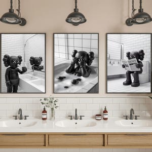KAWS Bathroom Wall Art Set of 3,Black Shower Poster,Hypebeast Washroom Decor,Modern KAWS Prints,Luxury Bathroom Wall Decor,Digital Download