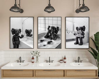 KAWS Bathroom Wall Art Set of 3,Black Shower Poster,Hypebeast Washroom Decor,Modern KAWS Prints,Luxury Bathroom Wall Decor,Digital Download