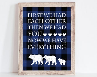 Baby Boy Bear Nursery Decor, Blue and Black Buffalo Plaid Nursery Art, Boy Woodland Nursery Print - Digital File