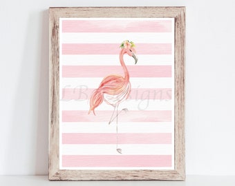 Girl Pink Flamingo Tropical Nursery Art, Tropical Flamingo Bedroom Decor, Girl Printable Wall Decor DIGITAL FILE