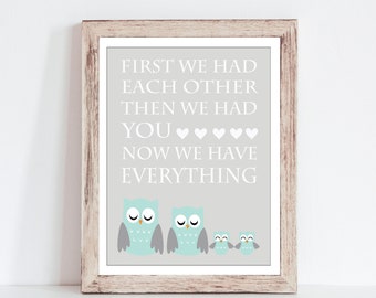 Gender Neutral Twin Owl Nursery Art, Aqua and Gray Woodland Nursery Decor, Twin Nursery Decor, Twin Baby Shower Decor - Unframed