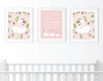 Baby Girl Swan Princess Nursery Wall Decor, Blush Pink Swan Family Print, Girl Floral Nursery Decor, Ballerina Swan Bedroom Art-Unframed