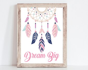 Baby Girl Boho Dreamcatcher Nursery Wall Print, Girl Boho Feather Baby Room Decor, Girl Woodland Baby Shower Gift - UNFRAMED