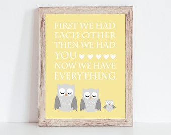 Gray and Yellow Owl Nursery Print, Gender Neutral Woodland Nursery Decor, Owl Family Nursery Art