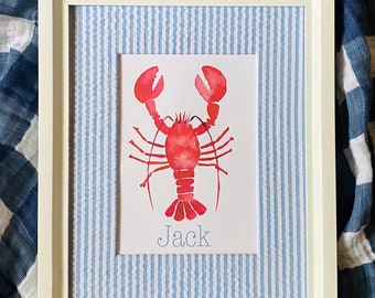 Boy Coastal Lobster Nursery Name Sign Art, Boy Seersucker Baby Room Decor, Boy Nautical Bedroom Name Art, Nautical Baby Shower Gift Unframed
