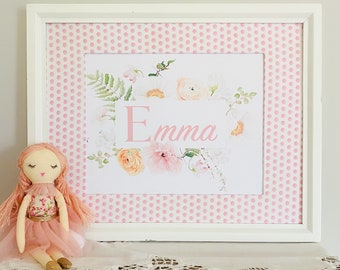 Girl Pink Floral Nursery Name Sign Art , Girl Baby Room Decor, Personalized Baby Gift, Girl Wall Art - UNFRAMED