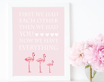 Pink Flamingo Family Nursery Wall Decor, Girl Tropical Baby Room Decor, Flamingo Baby Shower Gift, Girl Wall Art - Unframed