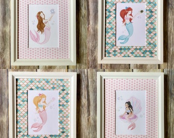 Set of 4 Mermaid Bedroom Wall Art, Mermaid Scales Nursery Decor, Girl Baby Shower Gift, Girl Wall Decor, Baby Room Art - Unframed