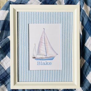 Boy Nautical Sailboat Nursery Name Sign Art, Boy Seersucker Nursery Decor, Boy Nautical Bedroom Name Art, Nautical Baby Shower Gift Unframed